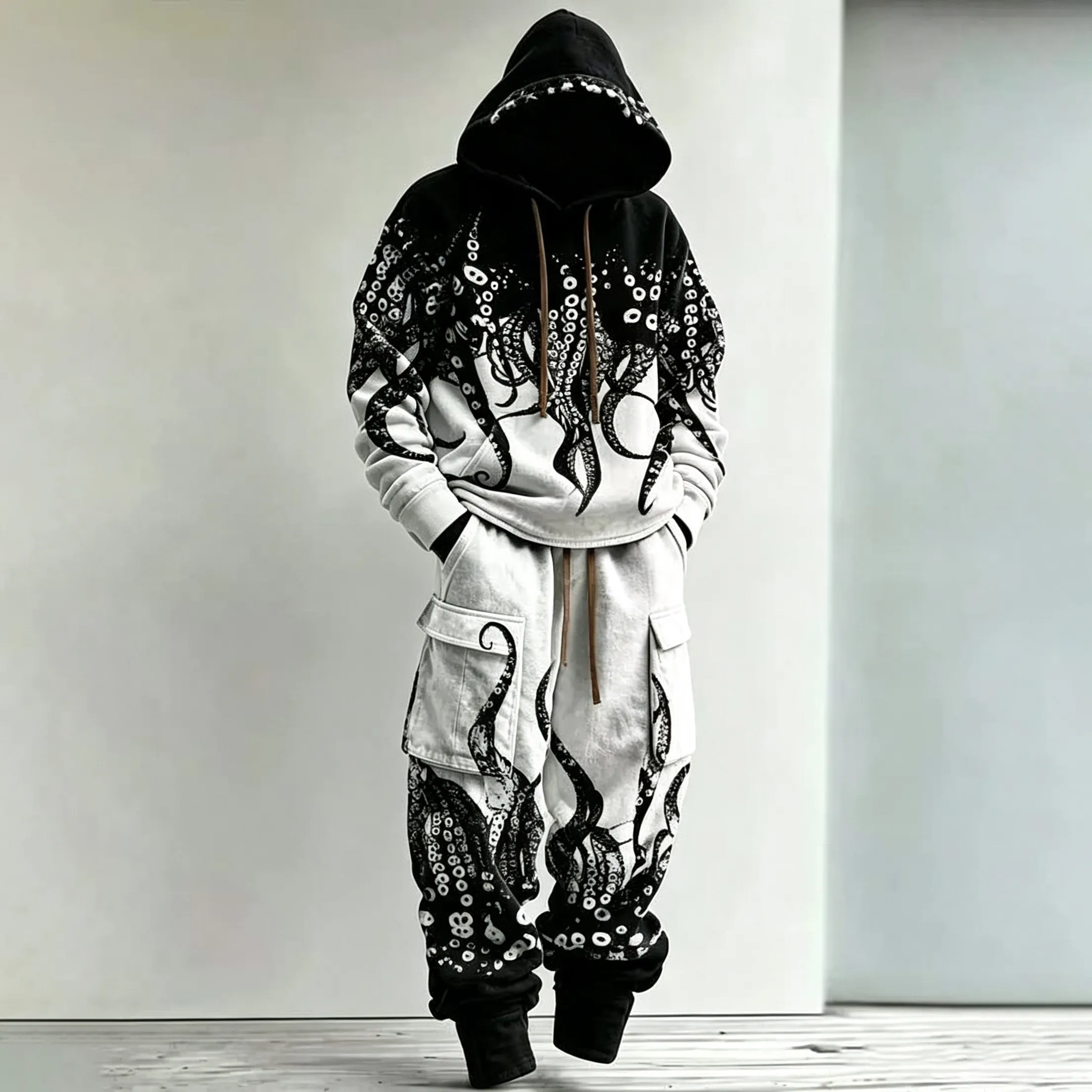 Men's Retro Color Block Octopus Print Hoodie Two-piece Set