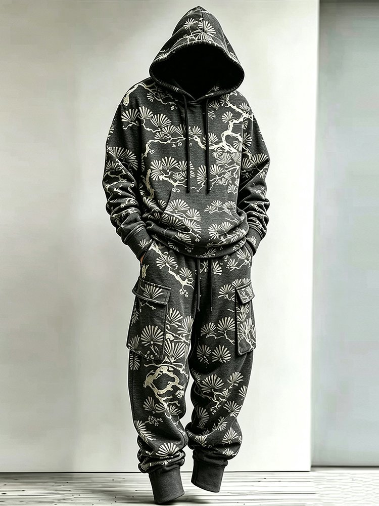 Men's Retro Japanese Cherry Blossom Art Pattern Casual Warm Sports Two-piece Set