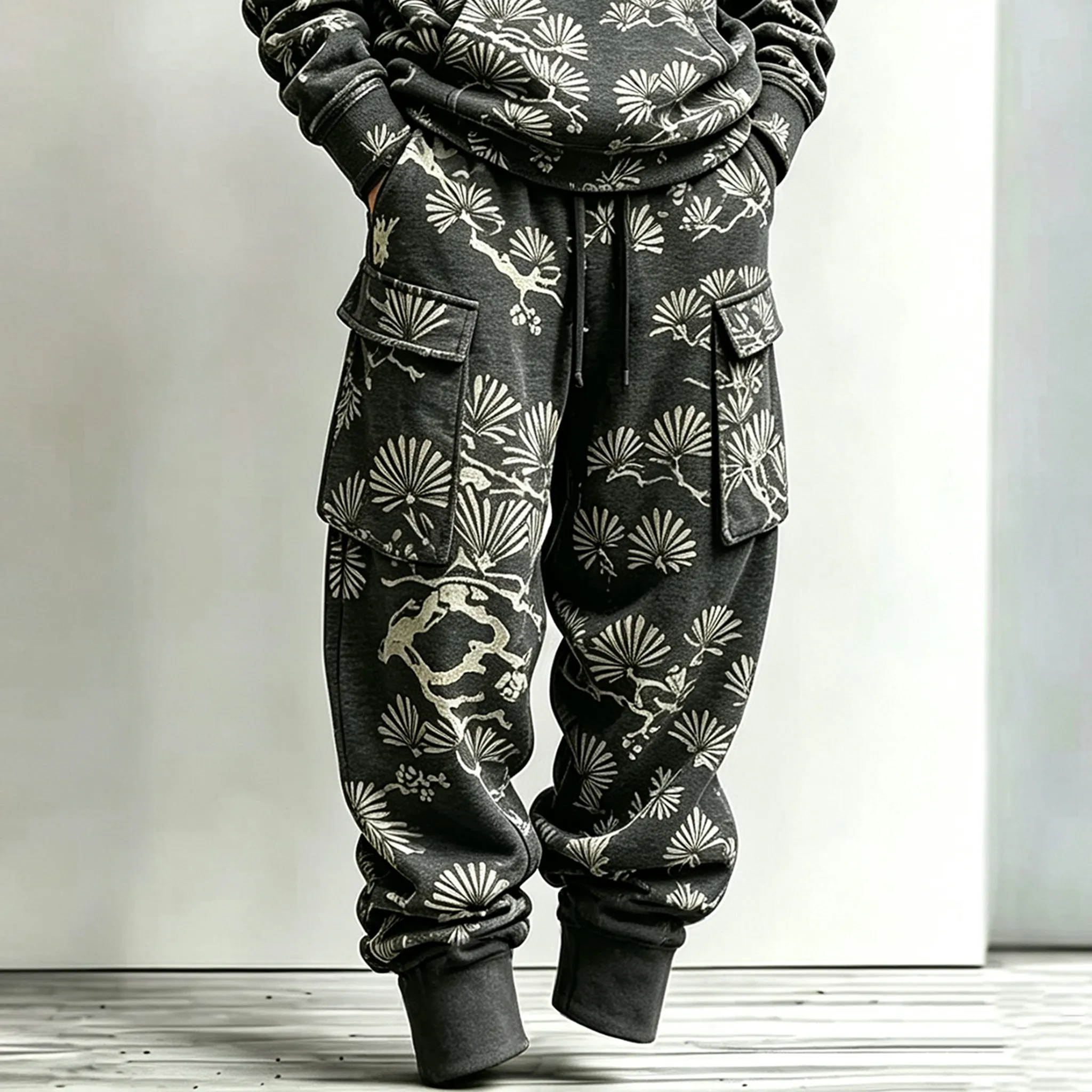Men's Retro Japanese Cherry Blossom Art Pattern Casual Warm Sports Two-piece Set