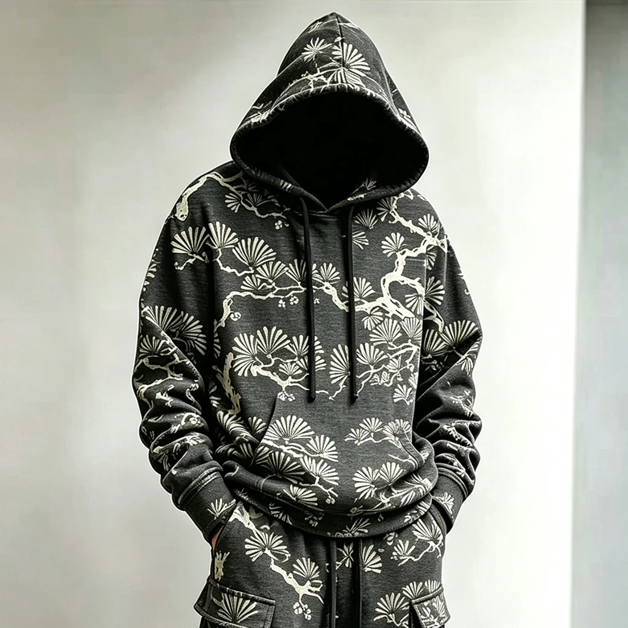 Men's Retro Japanese Cherry Blossom Art Pattern Casual Warm Sports Two-piece Set