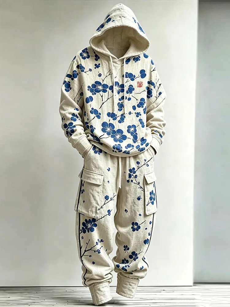 Men's Retro Japanese Cherry Blossom Art Pattern Casual Warm Sports Two-piece Set