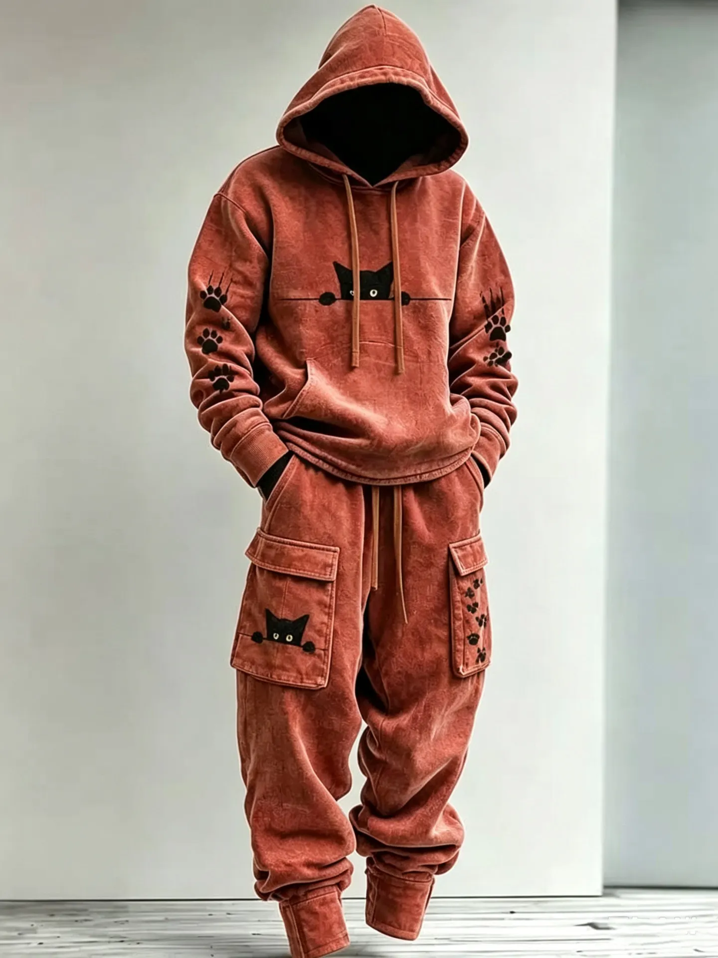 Men's Retro Minimalist Cat Paw Print Hoodie Two-piece Set
