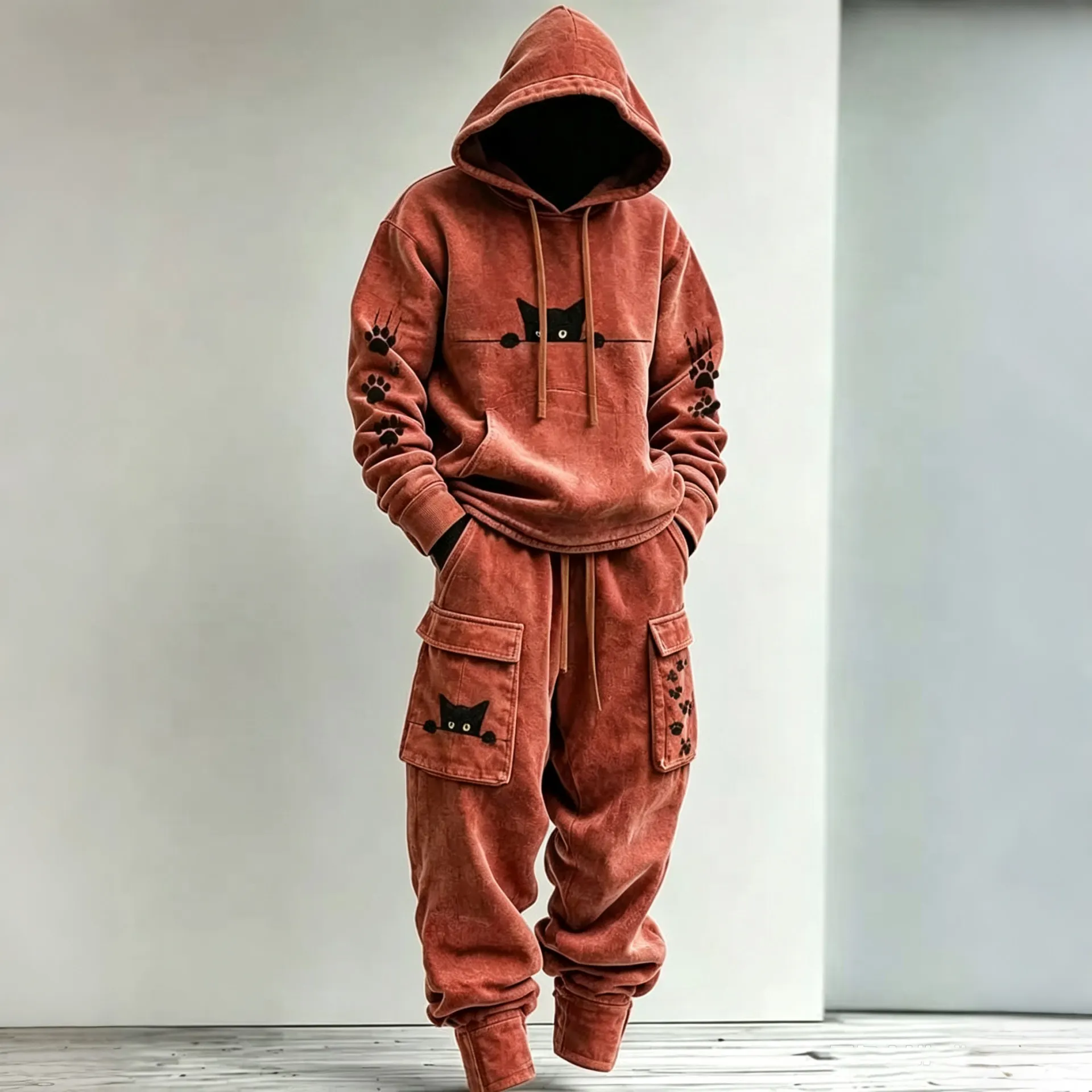 Men's Retro Minimalist Cat Paw Print Hoodie Two-piece Set