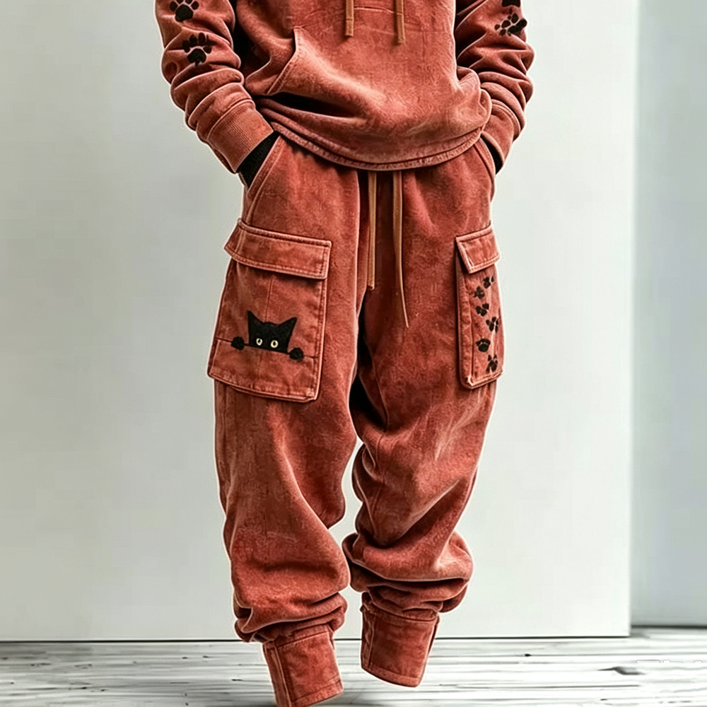 Men's Retro Minimalist Cat Paw Print Hoodie Two-piece Set