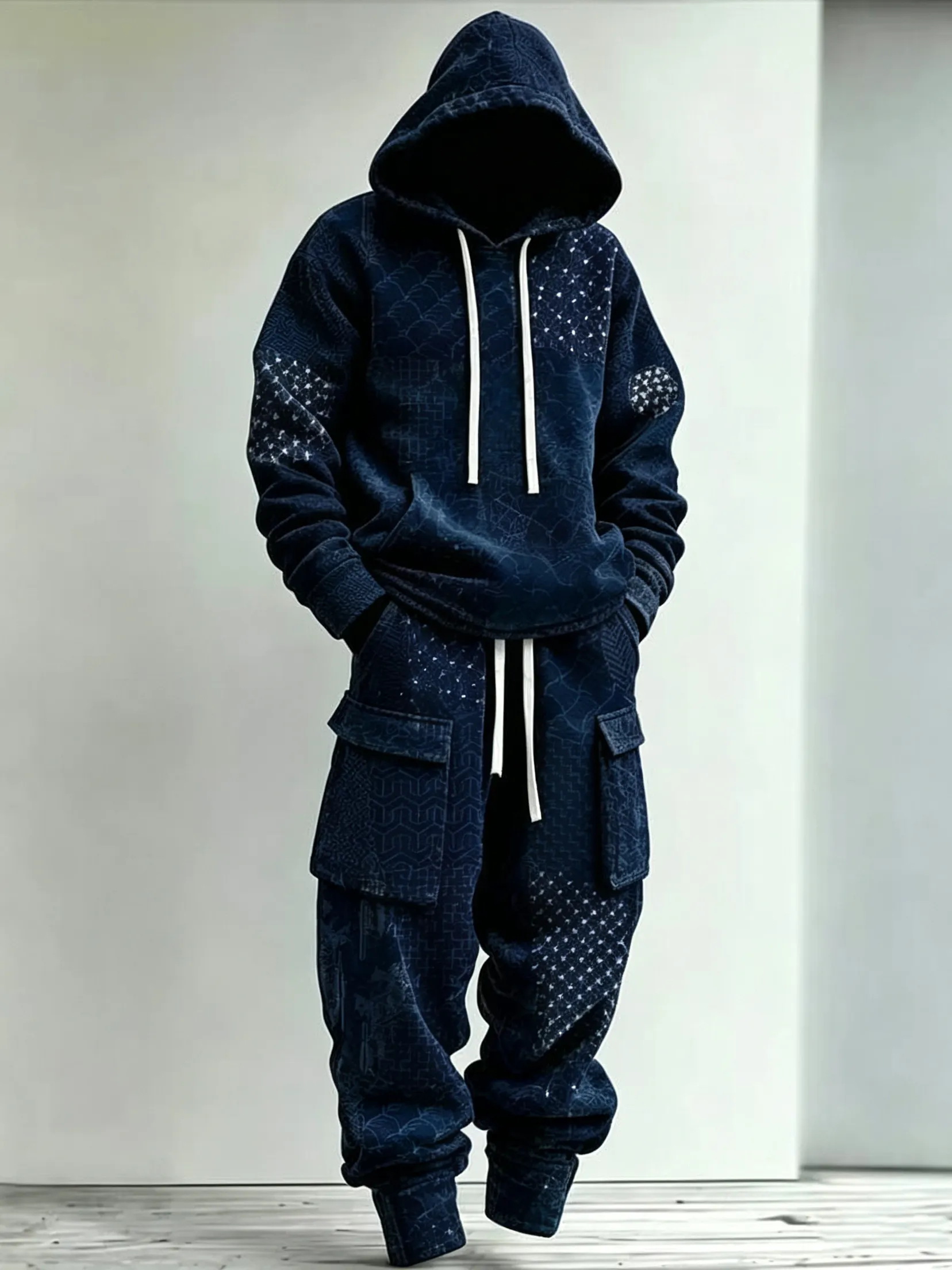 Men's Retro Japanese Art Print Hoodie Cargo Pants Two-piece Set