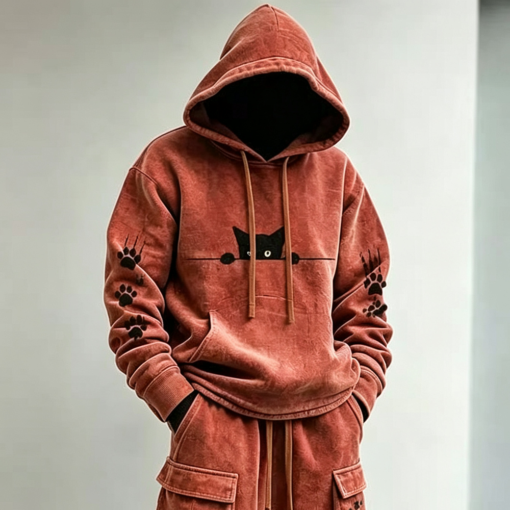 Men's Retro Minimalist Cat Paw Print Hoodie Two-piece Set