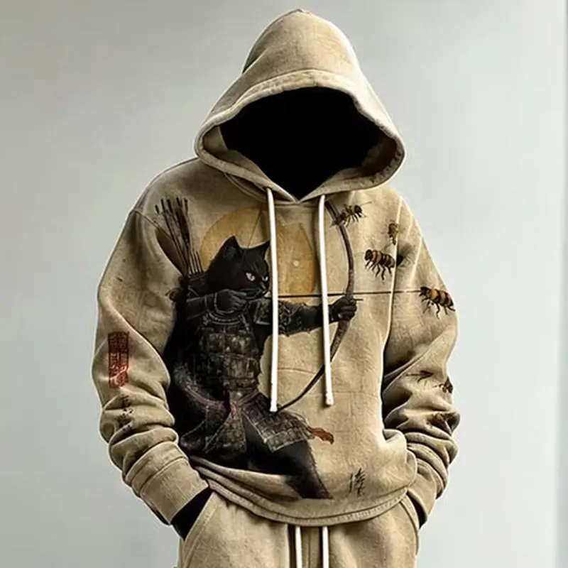 Men's Japanese Samurai Cat Art Print Hoodie Two Piece Set