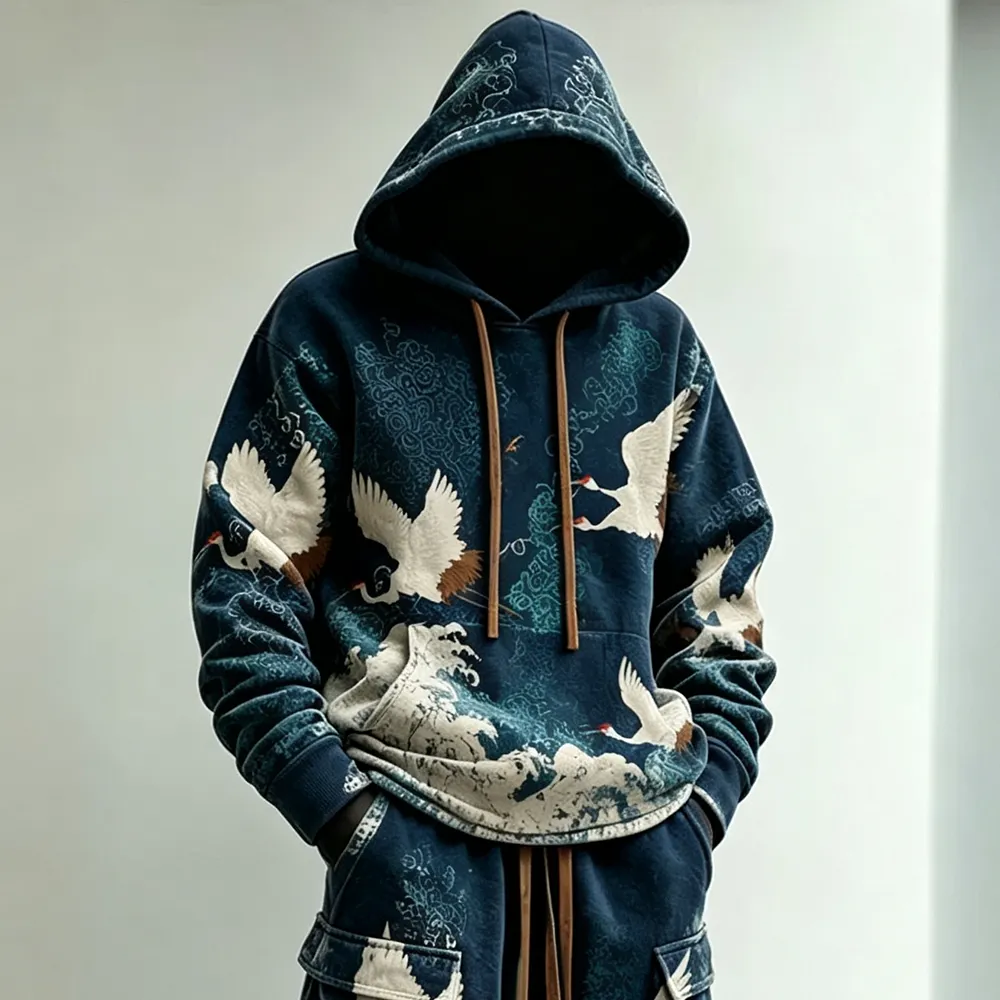 Men's Retro Japanese Art Crane And Wave Print Hoodie Two-piece Set