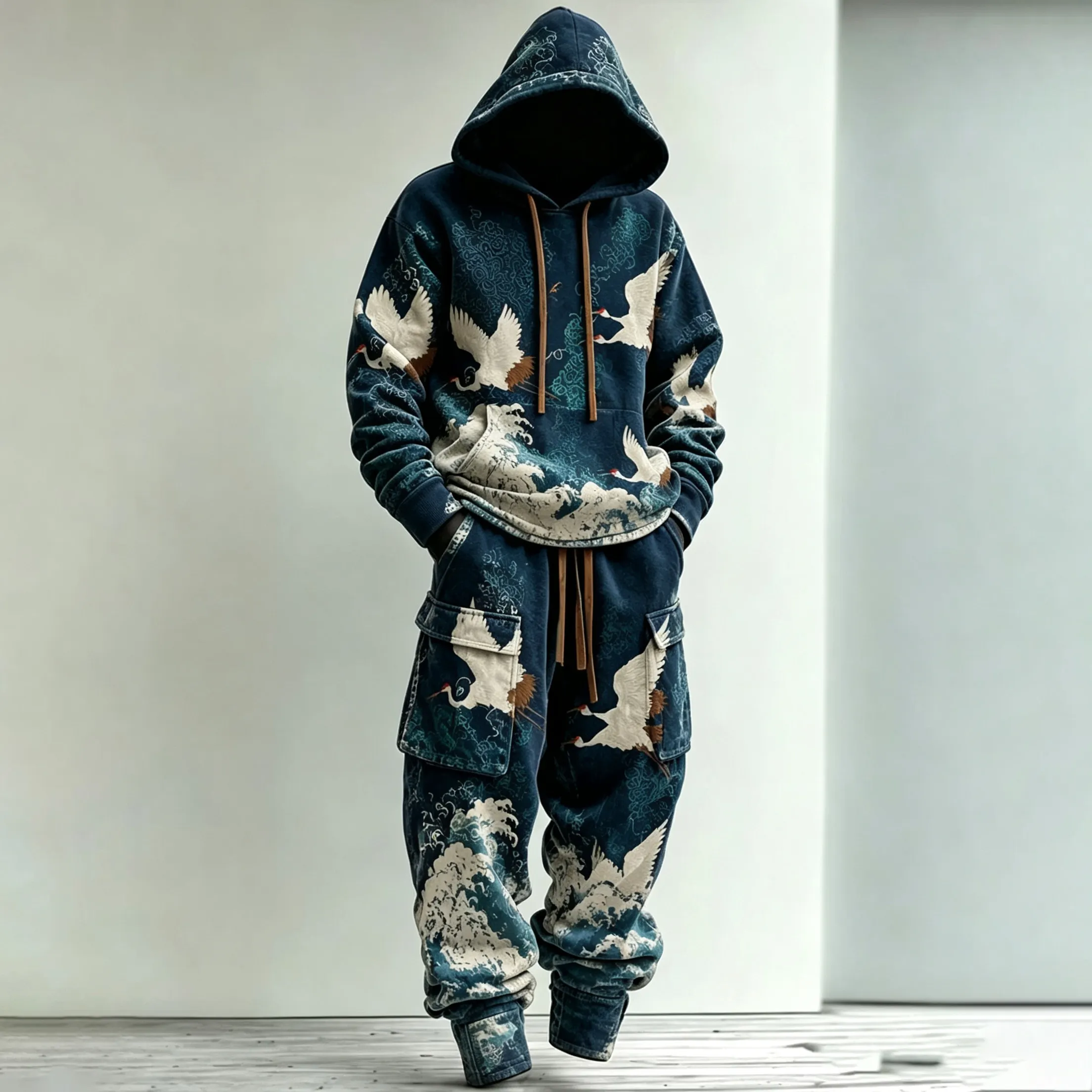 Men's Retro Japanese Art Crane And Wave Print Hoodie Two-piece Set