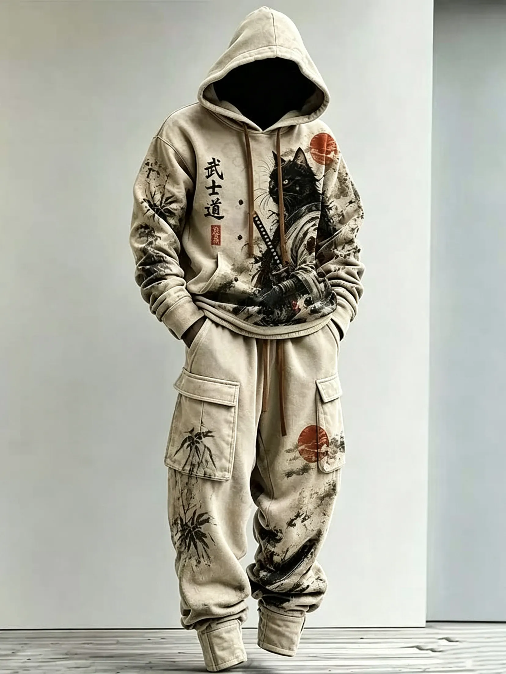Men's Retro Warrior Bamboo Landscape Print Hoodie Two-piece Set