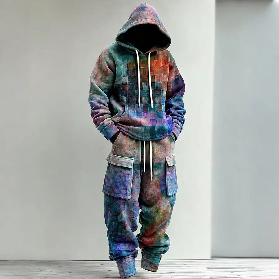 Men's Oil Painting Geometric Art Print Hoodie Two Piece Set
