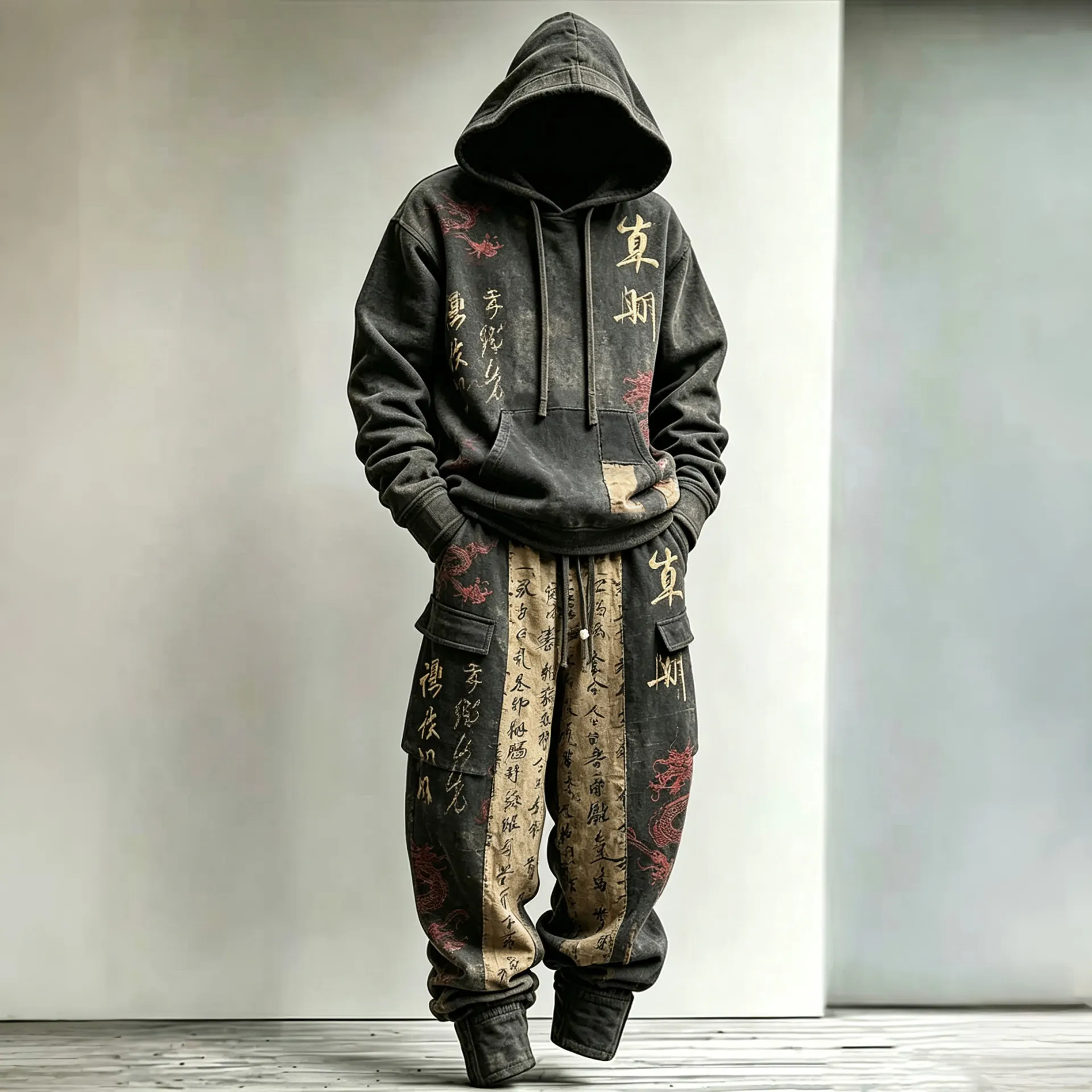 Men's Retro Japanese Calligraphy And Dragon Art Pattern Comfortable Warm Sports Two-piece Set