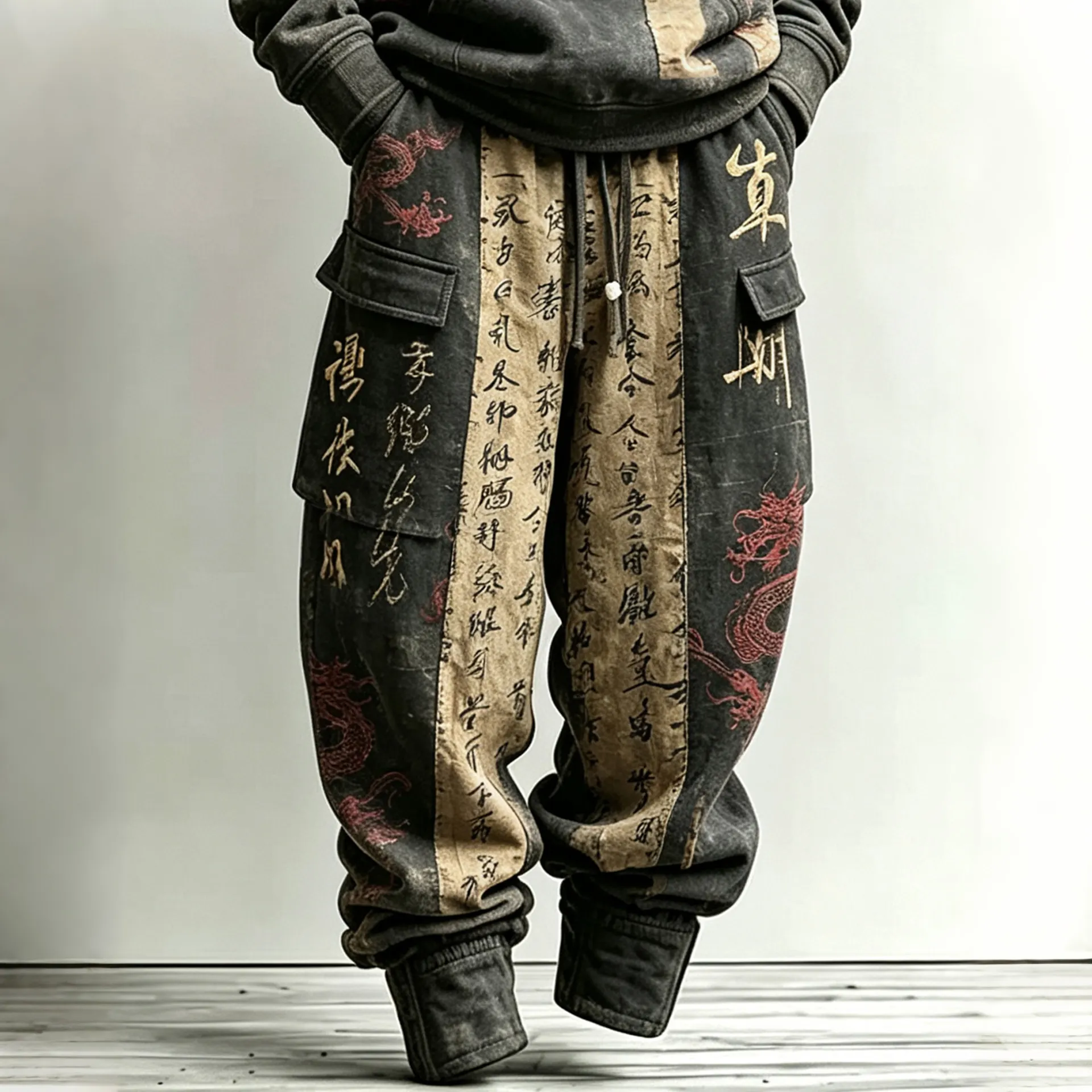 Men's Retro Japanese Calligraphy And Dragon Art Pattern Comfortable Warm Sports Two-piece Set