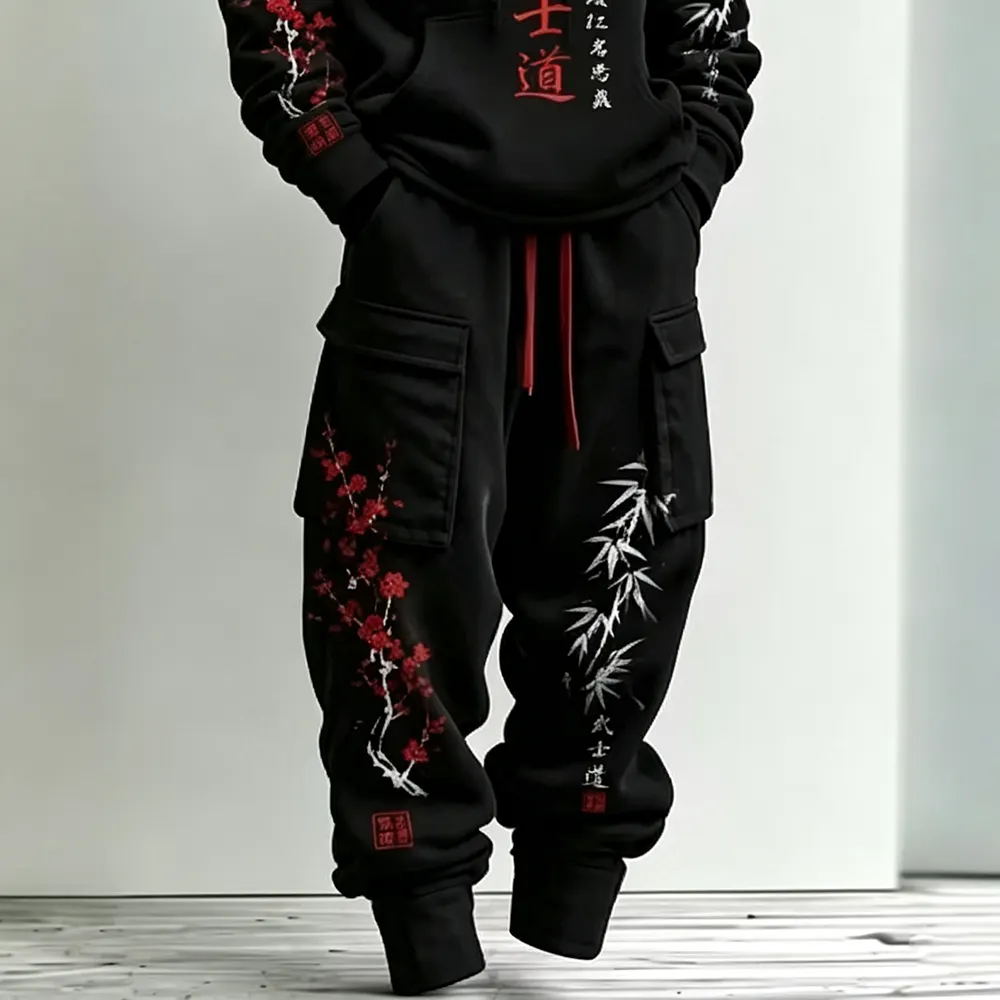 Men's Retro Japanese Art Bamboo And Plum Blossom Print Hoodie Two-piece Set