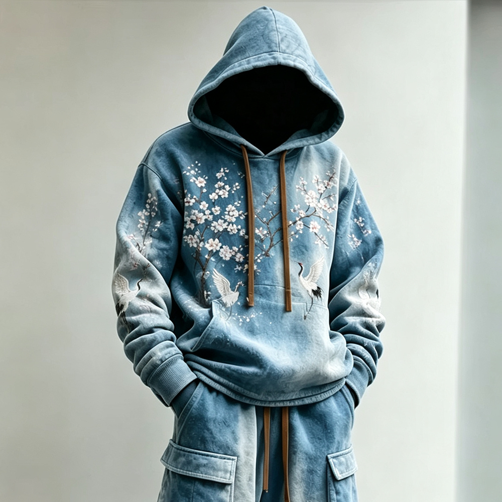 Men's Retro Japanese Art Floral Crane Tie-dye Print Hoodie Two-piece Set