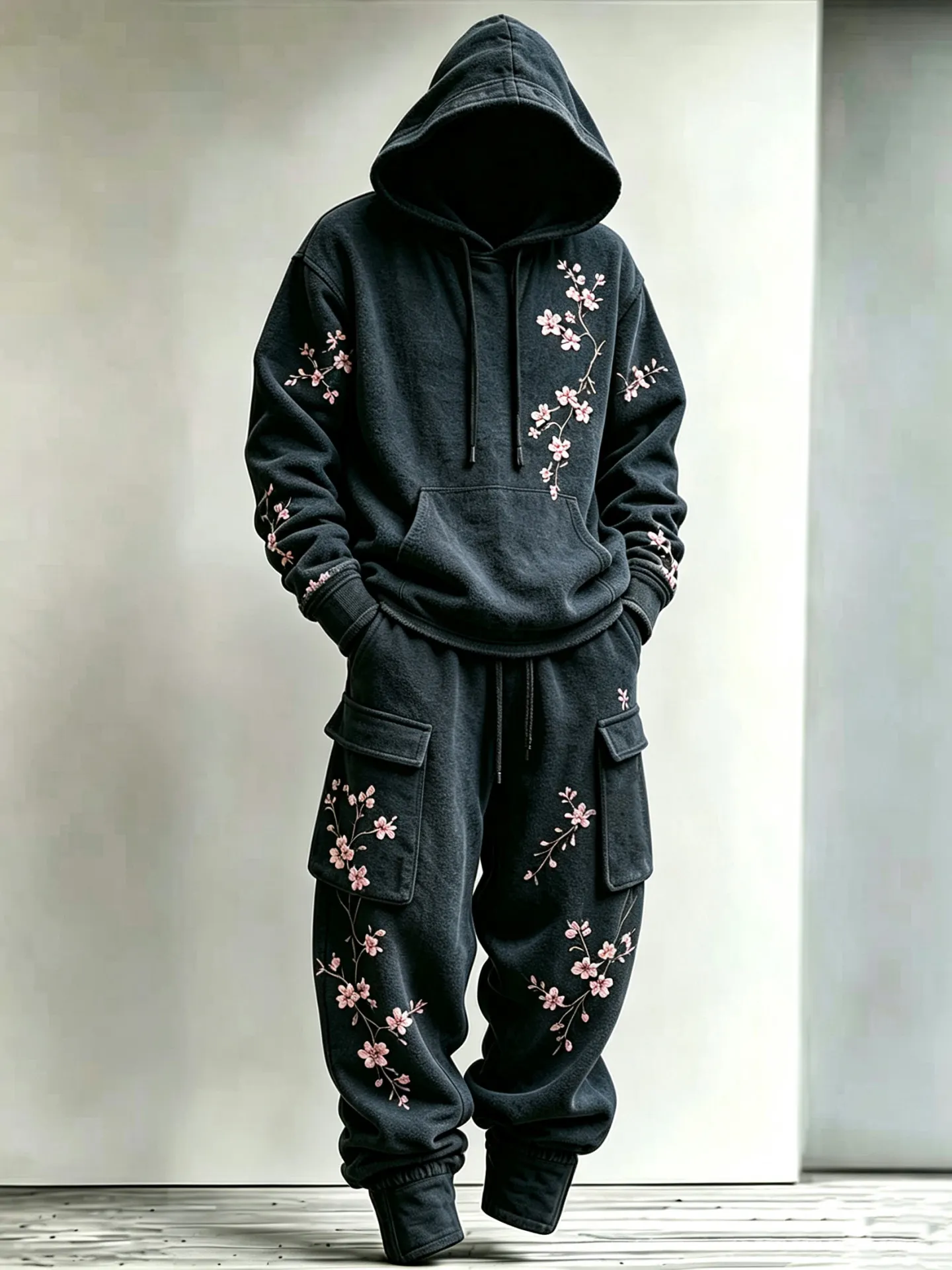 Men's Retro Japanese Plum Blossom Art Pattern Comfortable And Warm Sports Two-piece Set