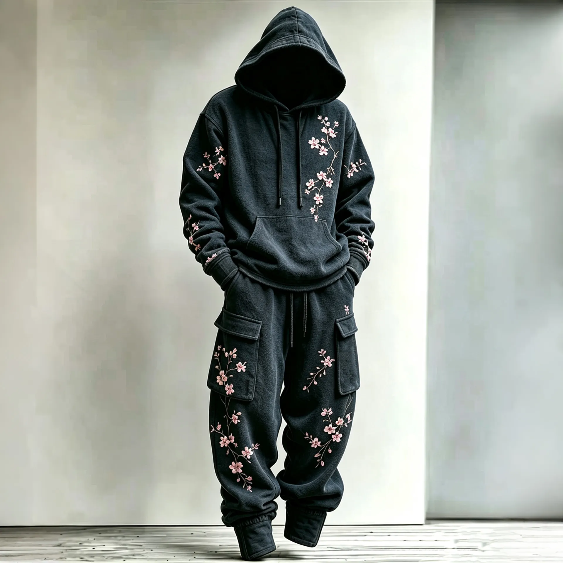 Men's Retro Japanese Plum Blossom Art Pattern Comfortable And Warm Sports Two-piece Set