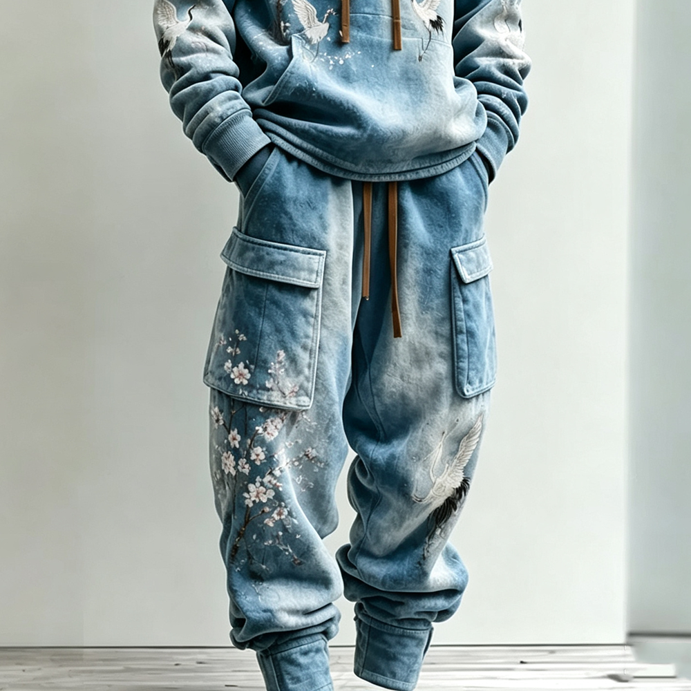 Men's Retro Japanese Art Floral Crane Tie-dye Print Hoodie Two-piece Set