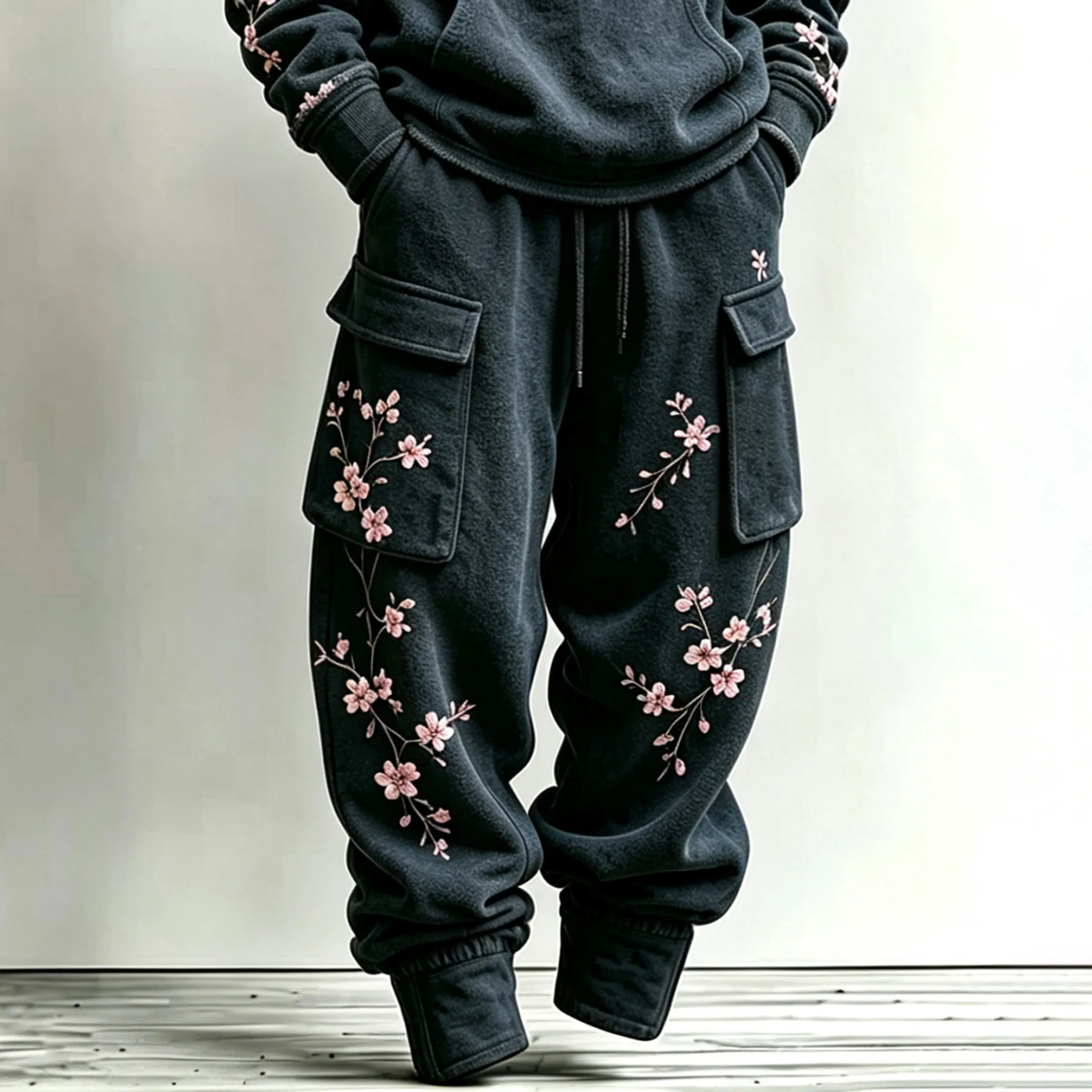 Men's Retro Japanese Plum Blossom Art Pattern Comfortable And Warm Sports Two-piece Set