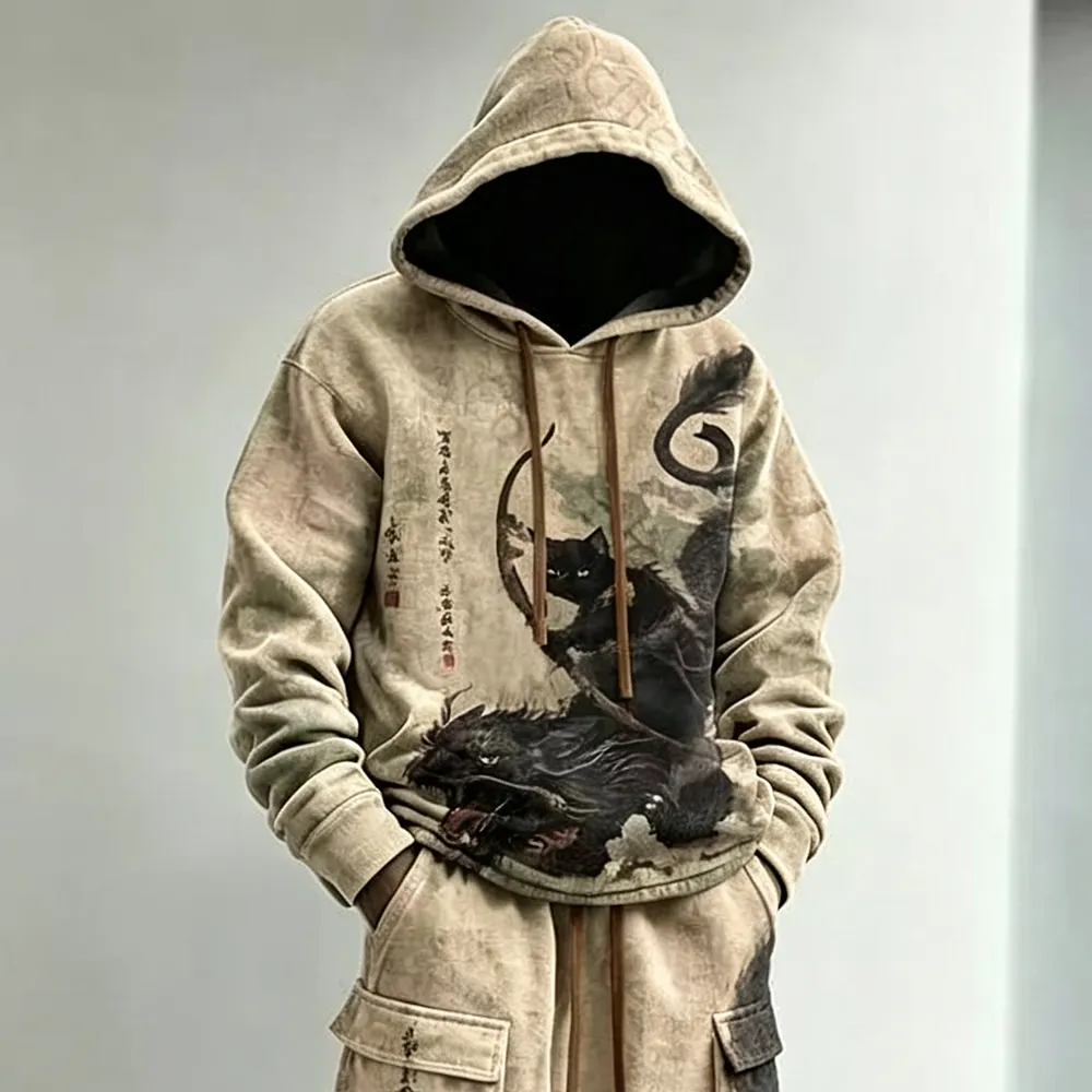 Men's Retro Japanese Art Bow And Arrow Cat Print Hoodie Two-piece Set