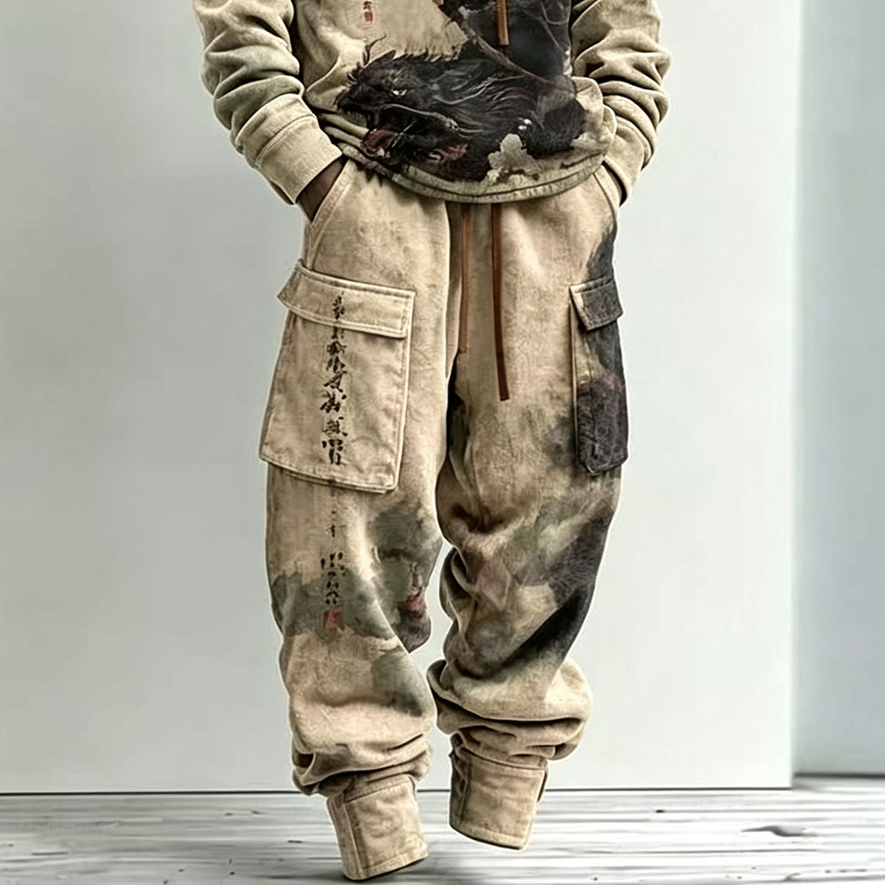 Men's Retro Japanese Art Bow And Arrow Cat Print Hoodie Two-piece Set