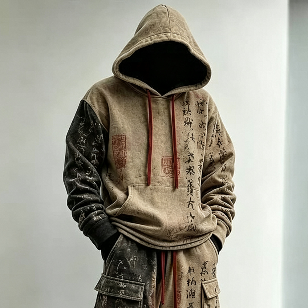Men's Japanese Art Color Block Print Hoodie And Cargo Pants Two-piece Set