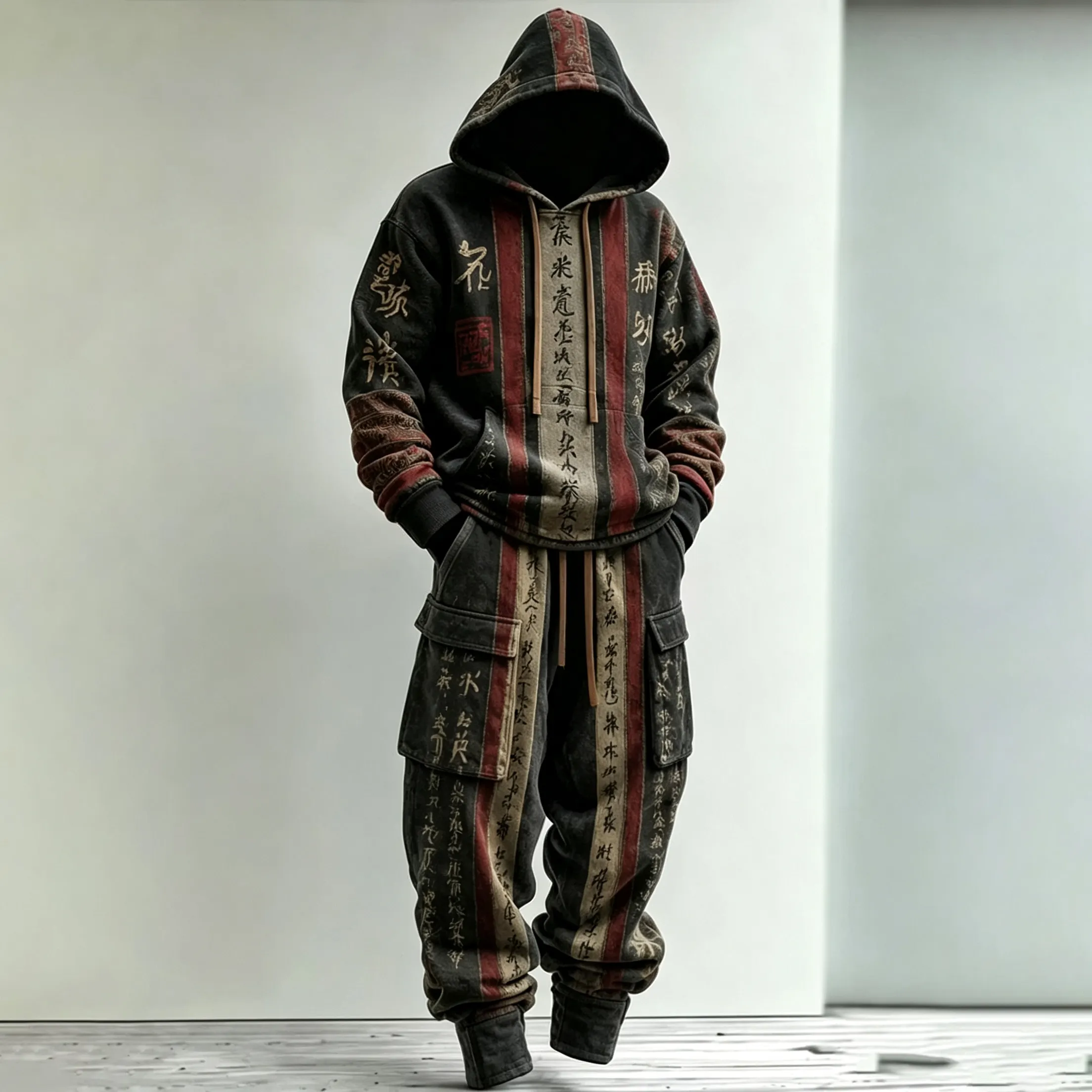 Men's Retro Striped Color Block Letter Print Hoodie Two-piece Set