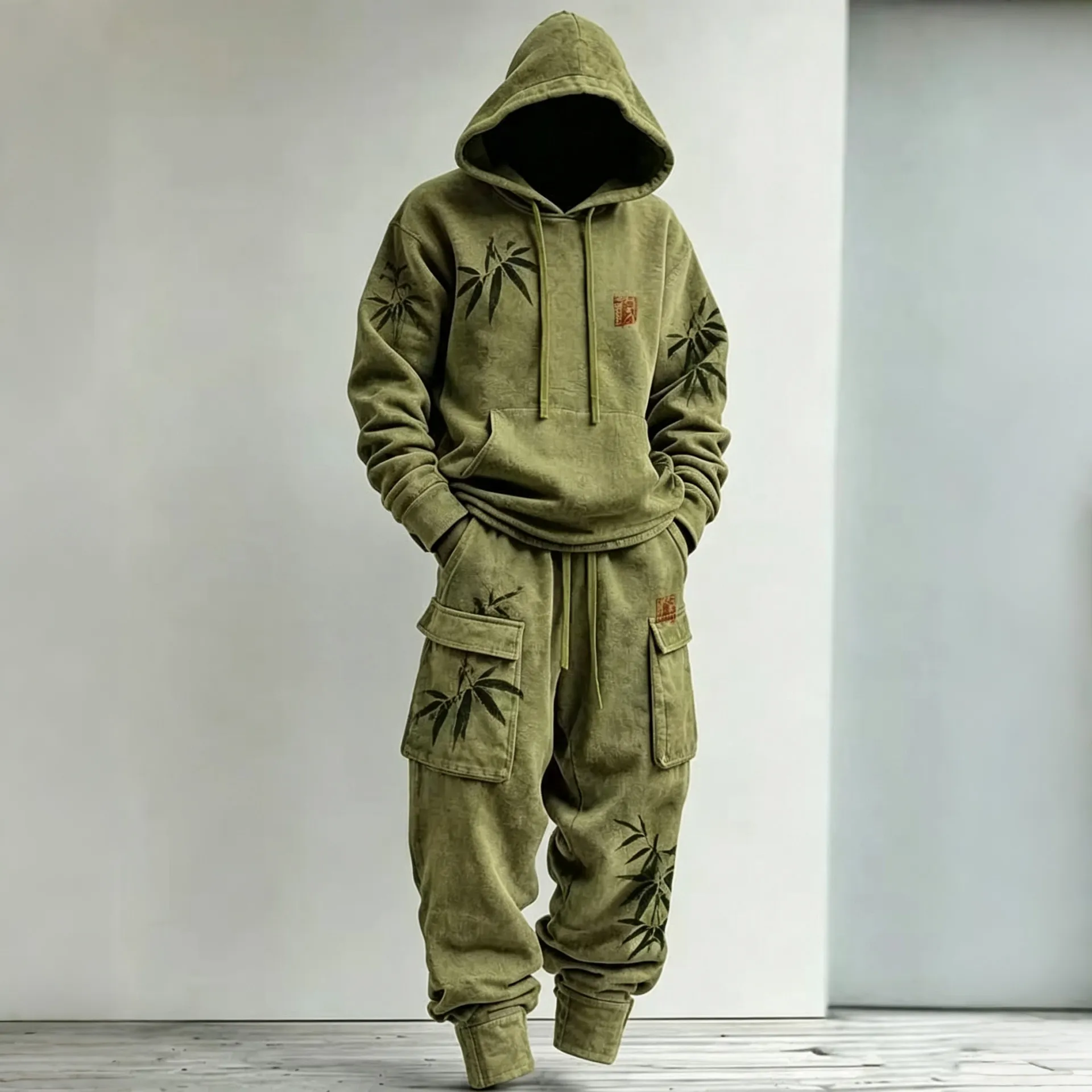 Men's Retro Minimalist Bamboo Print Hoodie Two-piece Set