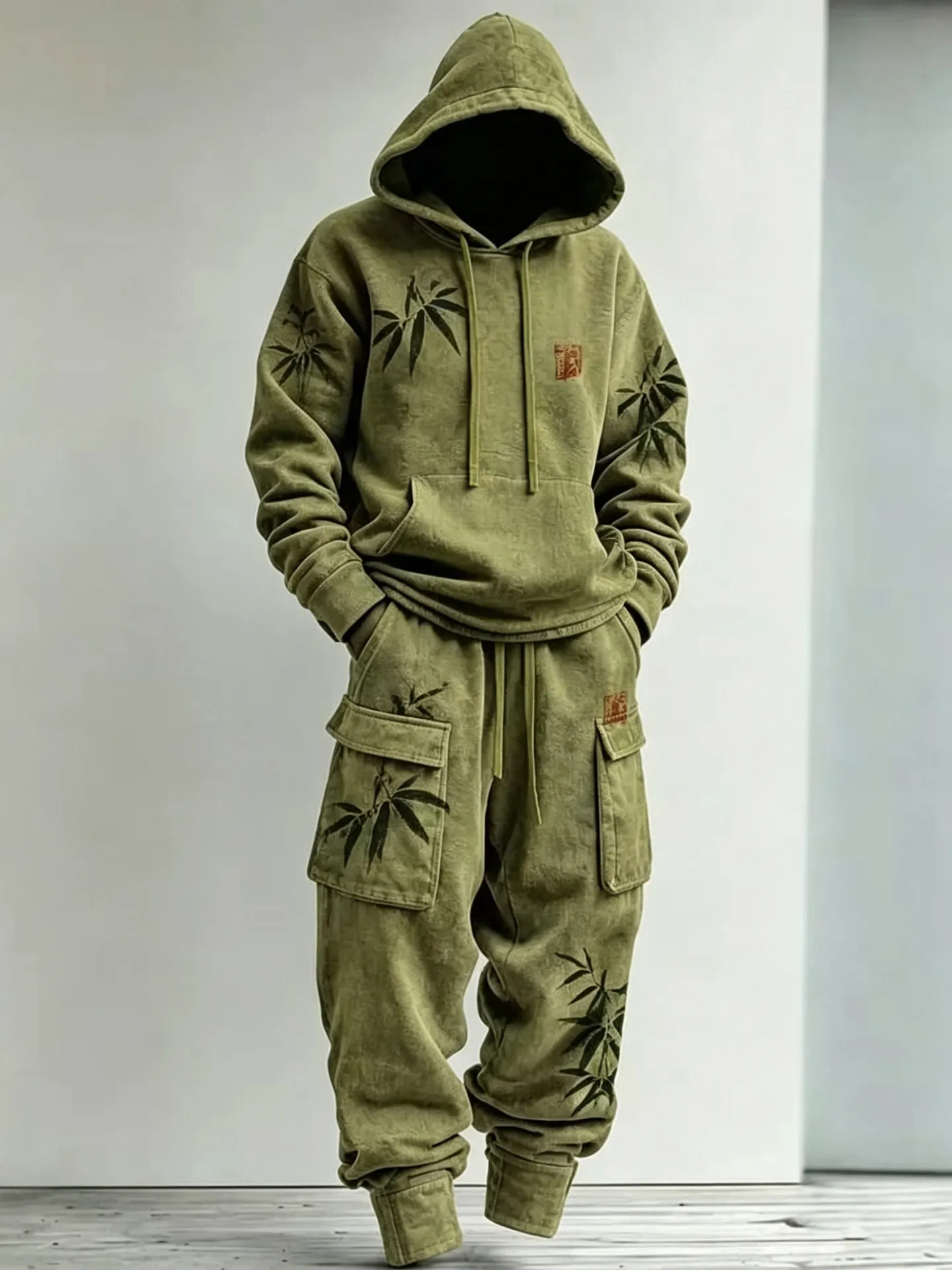 Men's Retro Minimalist Bamboo Print Hoodie Two-piece Set