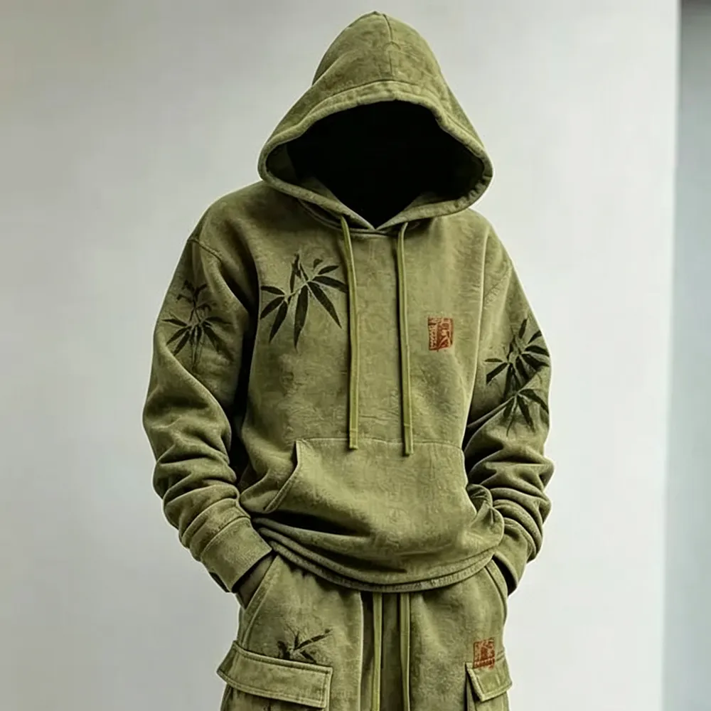 Men's Retro Minimalist Bamboo Print Hoodie Two-piece Set