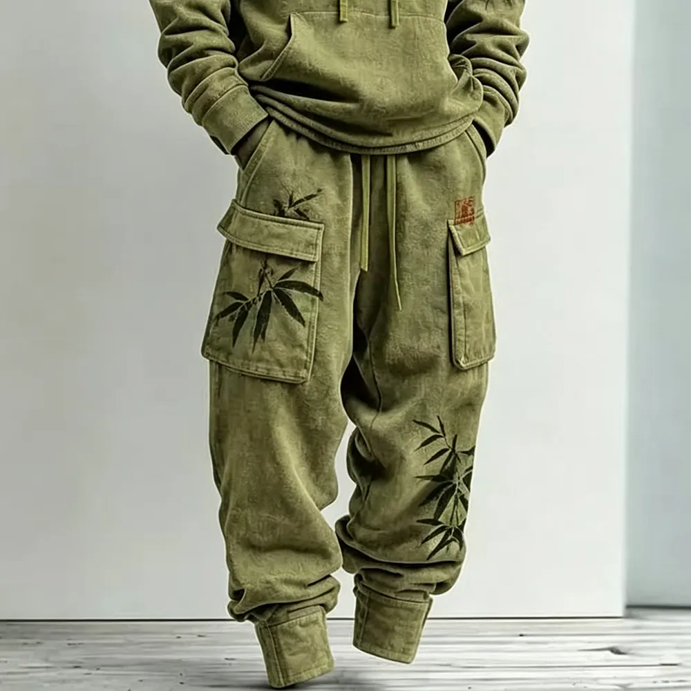Men's Retro Minimalist Bamboo Print Hoodie Two-piece Set